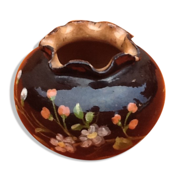 Vase à violettes forme boule à collerette terre cuite polychrome années 1920