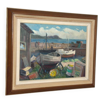 Mid Century Swedish Oil on Panel – “Boats in Port” by Eskil Skans