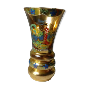 Vase en cristal emaille verrerie de monaco decor asiatique vintage annees 1960