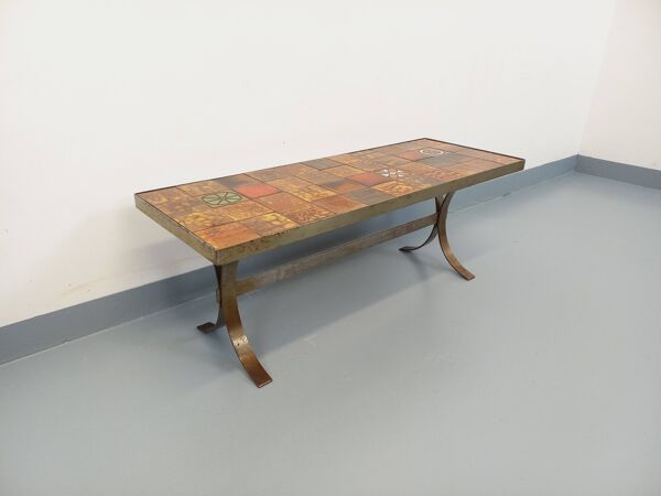 Table basse rectangulaire vintage Roche-Bobois en acier et céramique