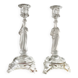 Paire d'anciens bougeoirs enverre Marie et Jésus