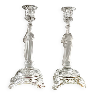 Pair of old Mary and Jesus glass candlesticks
