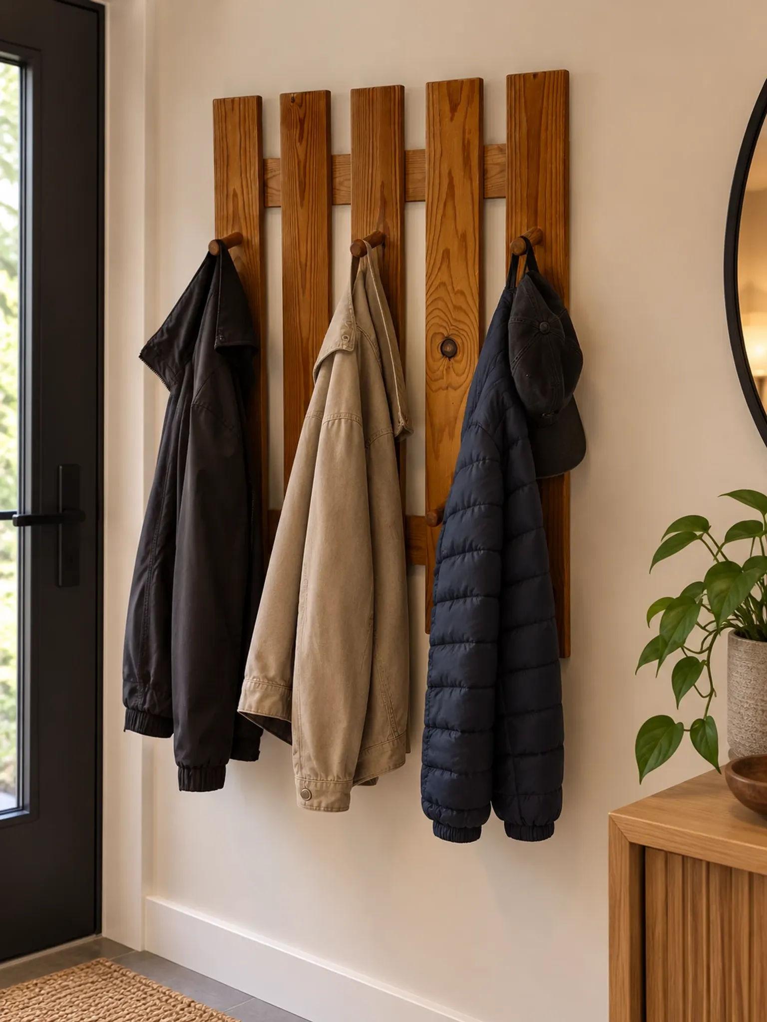 Vintage pine coat rack, 1970s minimalist design