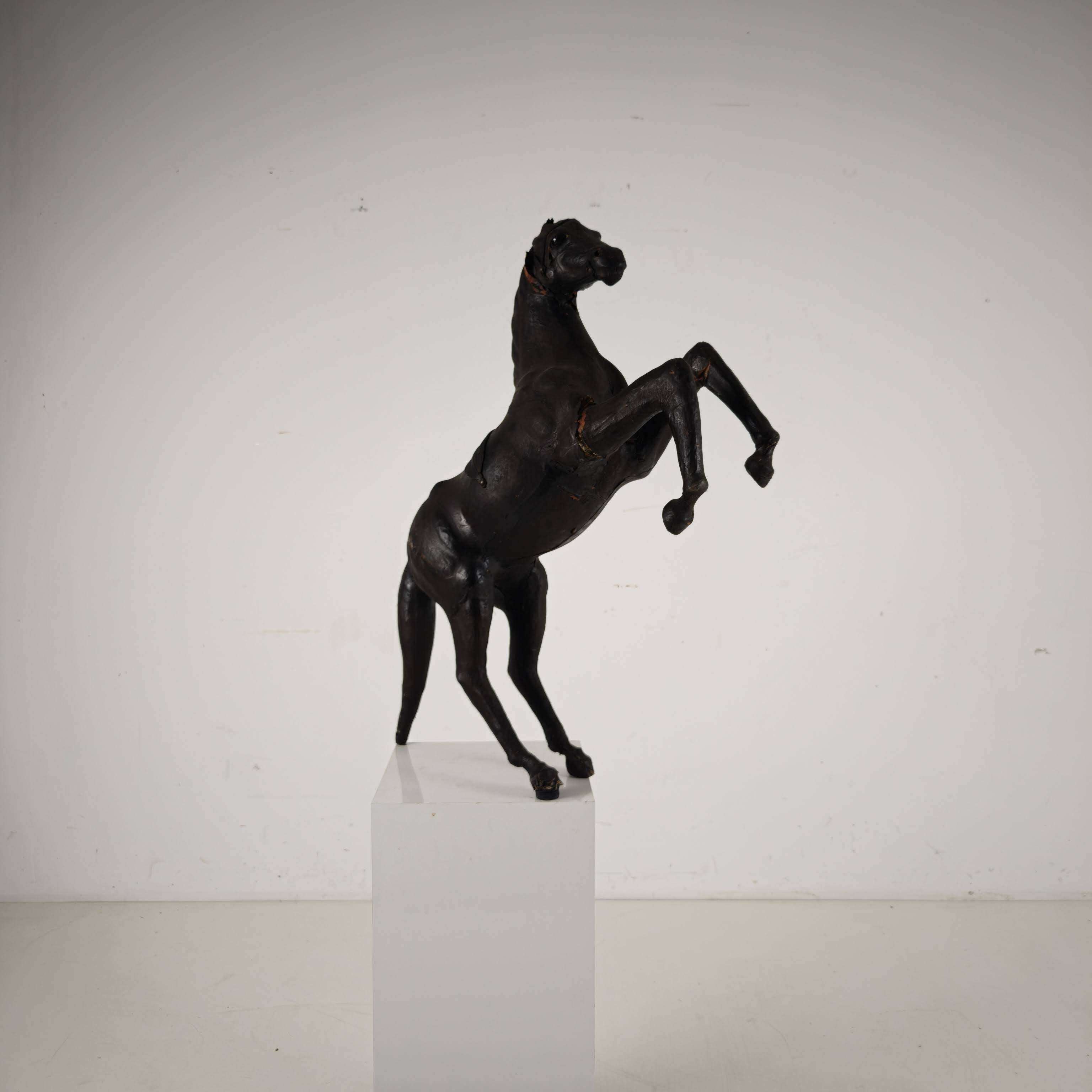 Early 20th Century Antique Leather Horse Sculpture with Glass Eyes