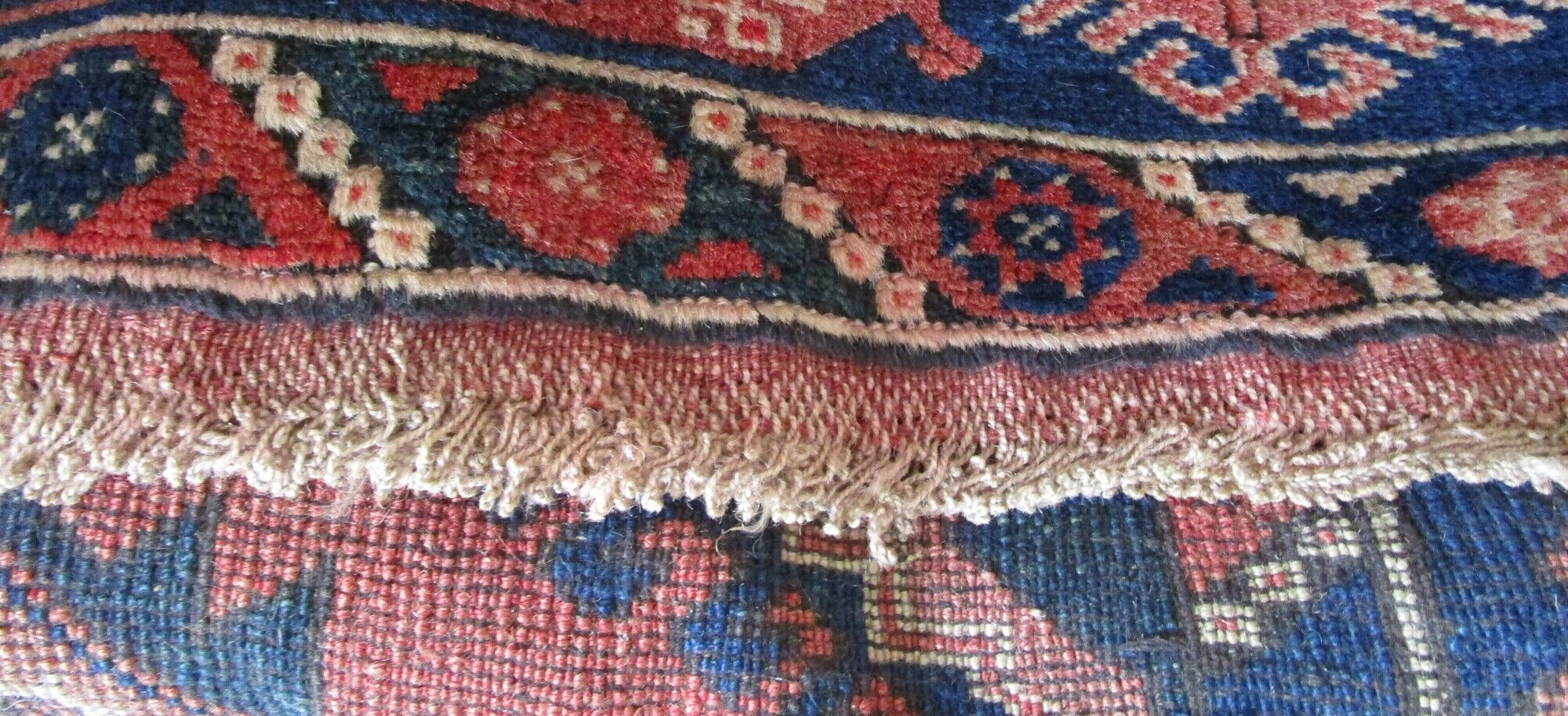 Carpet point knotted velvet wool blue red white 124 cm x 202 cm vintage