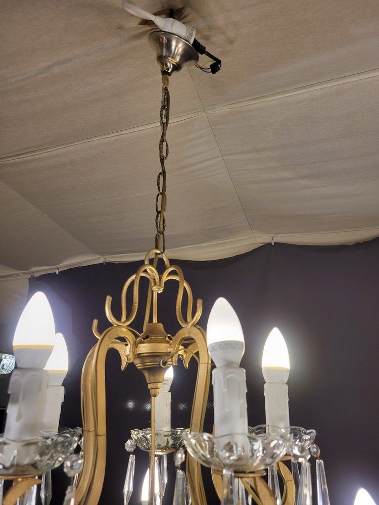 Pair of cage chandeliers with pendants