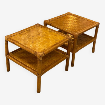 2 petites tables rotin et bambou 1970