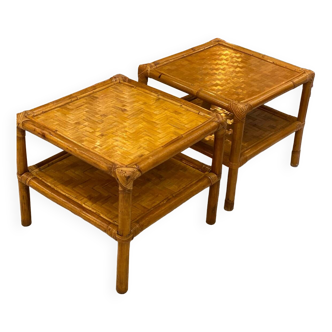 2 petites tables rotin et bambou 1970