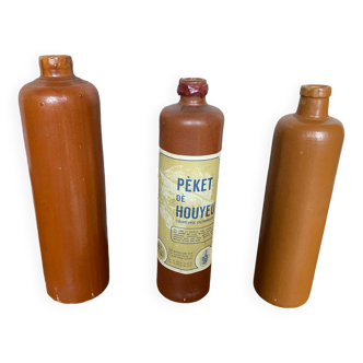 Série 3 Anciennes Bouteilles Grès Marron Vintage