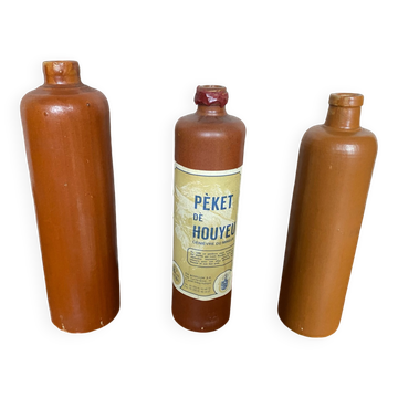 Série 3 Anciennes Bouteilles Grès Marron Vintage