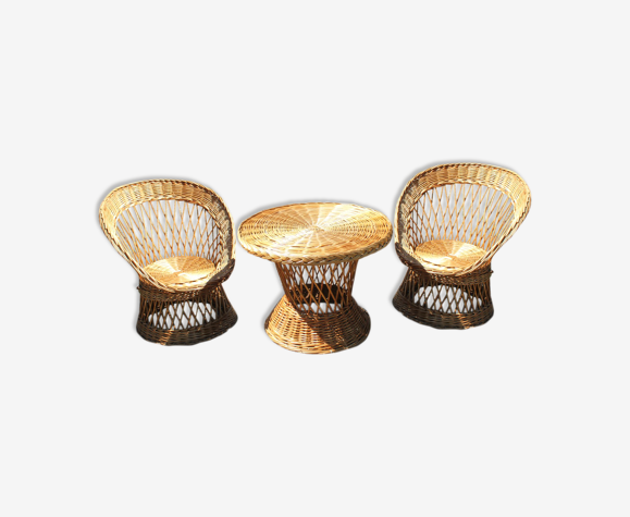 Fauteuils et table en rotin osier vintage