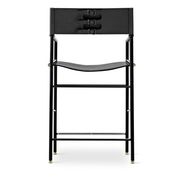 Contemporary bar stool with black leather backrest, black rubber metal structure.