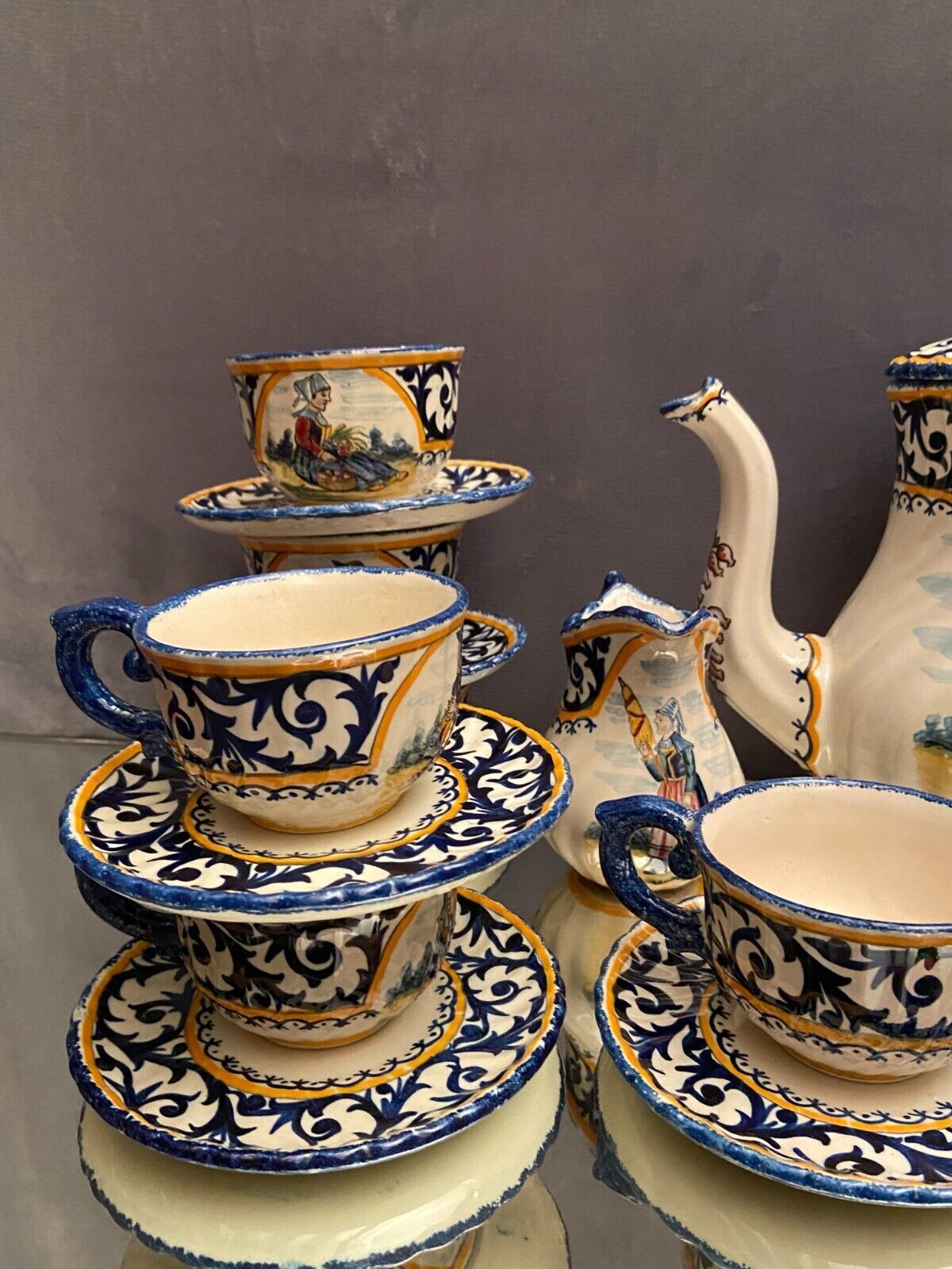 Tea service full coffee earthenware Quimper Henriot cups sugar bowl pot milk jar