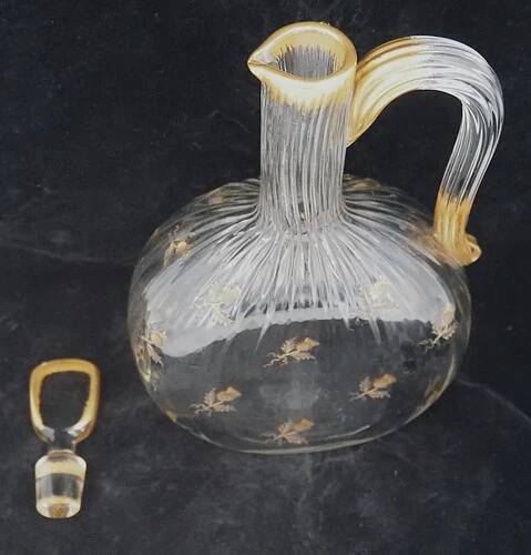 Daum Nancy, thistle carafe, engraved, gilded, crystal, very good condition.