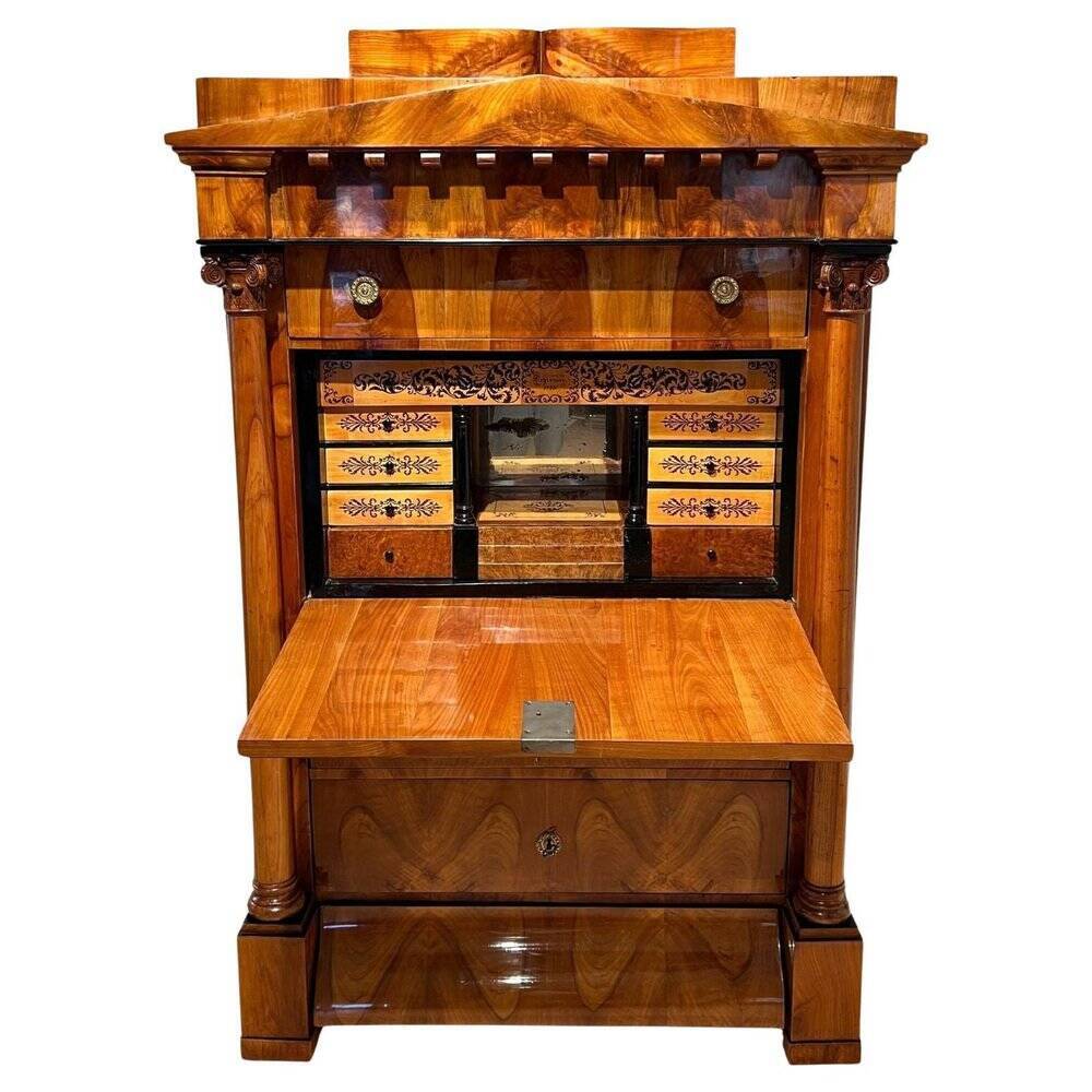 Biedermeier Secretaire in Cherrywood and Maple with Inlays and Brass, South Germany, 1830s
