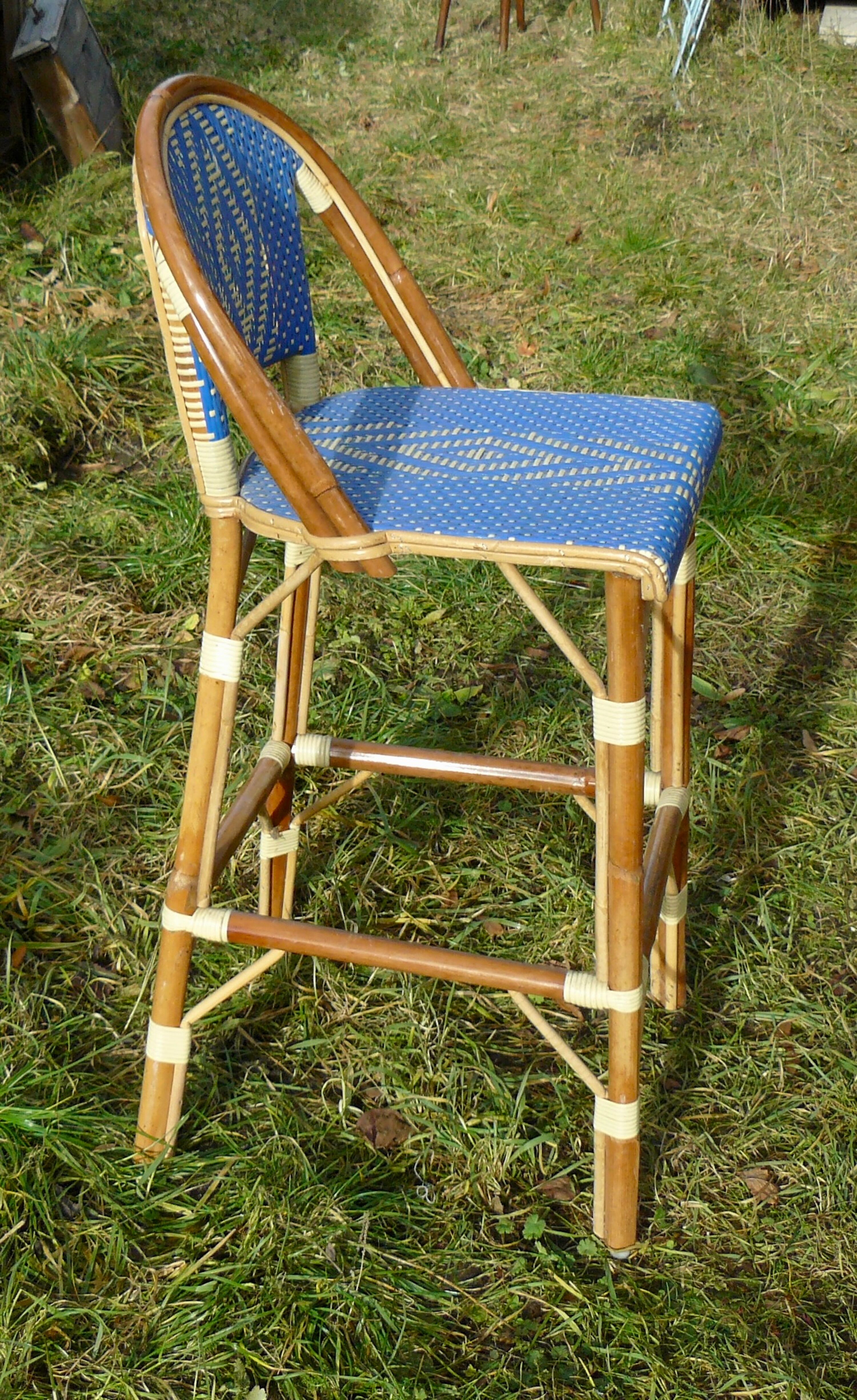 Bar stool with back rattan blue vintage 1970-80