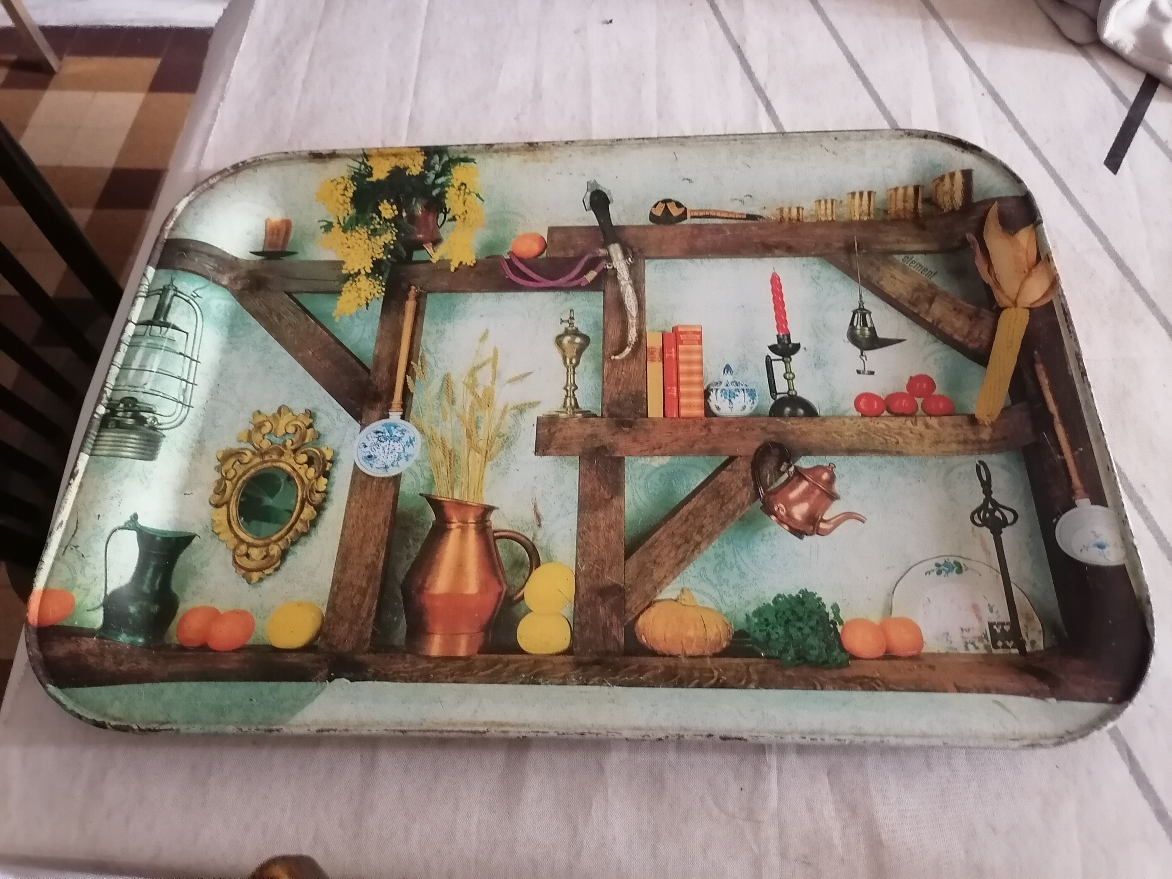 Plate meal sheet metal 1960 signed Clément