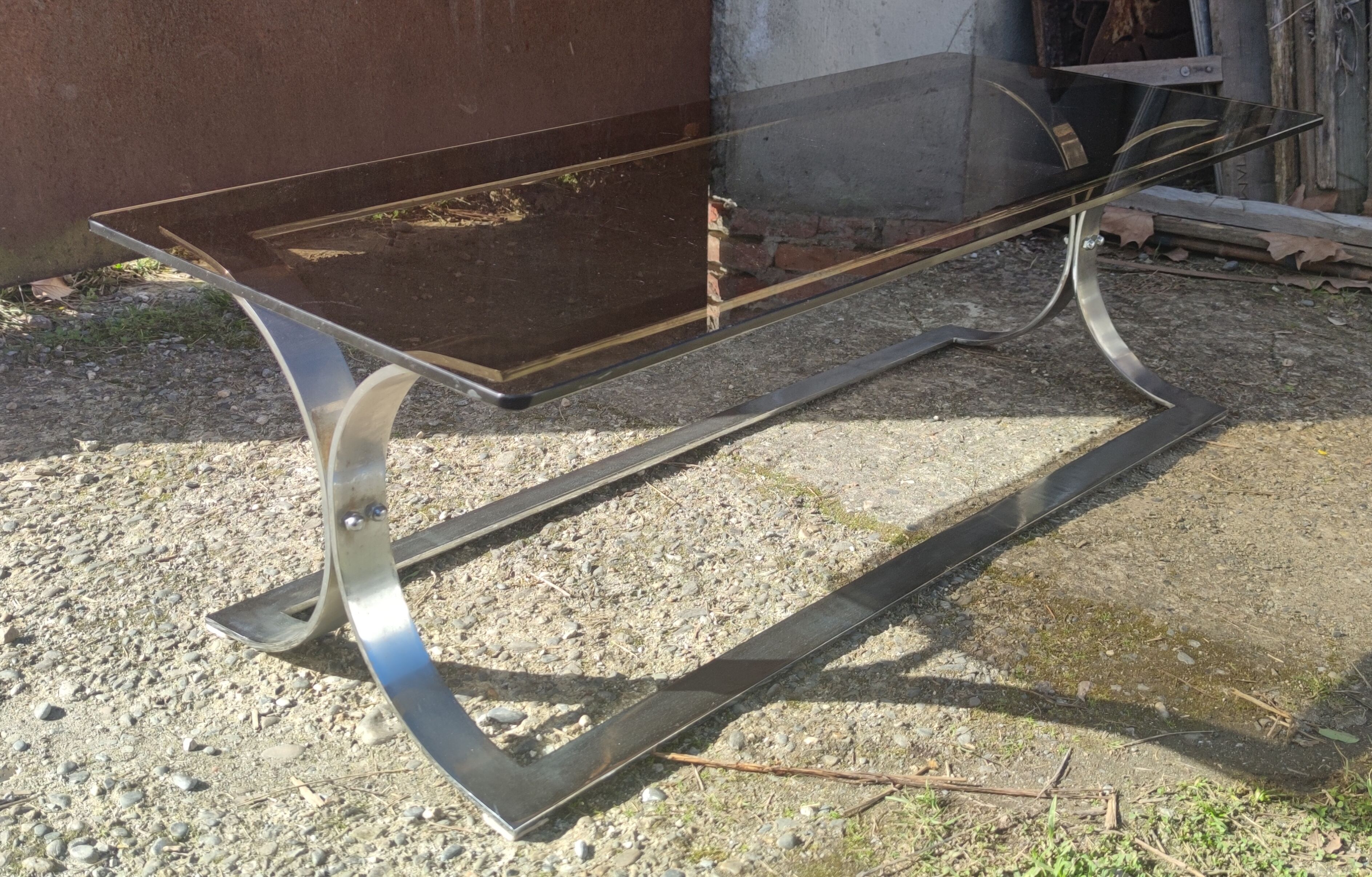 Vintage coffee table year 70 smoked glass and chrome steel