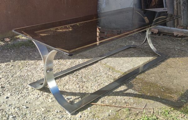 Table basse vintage année 70 verre fumé et acier chromé