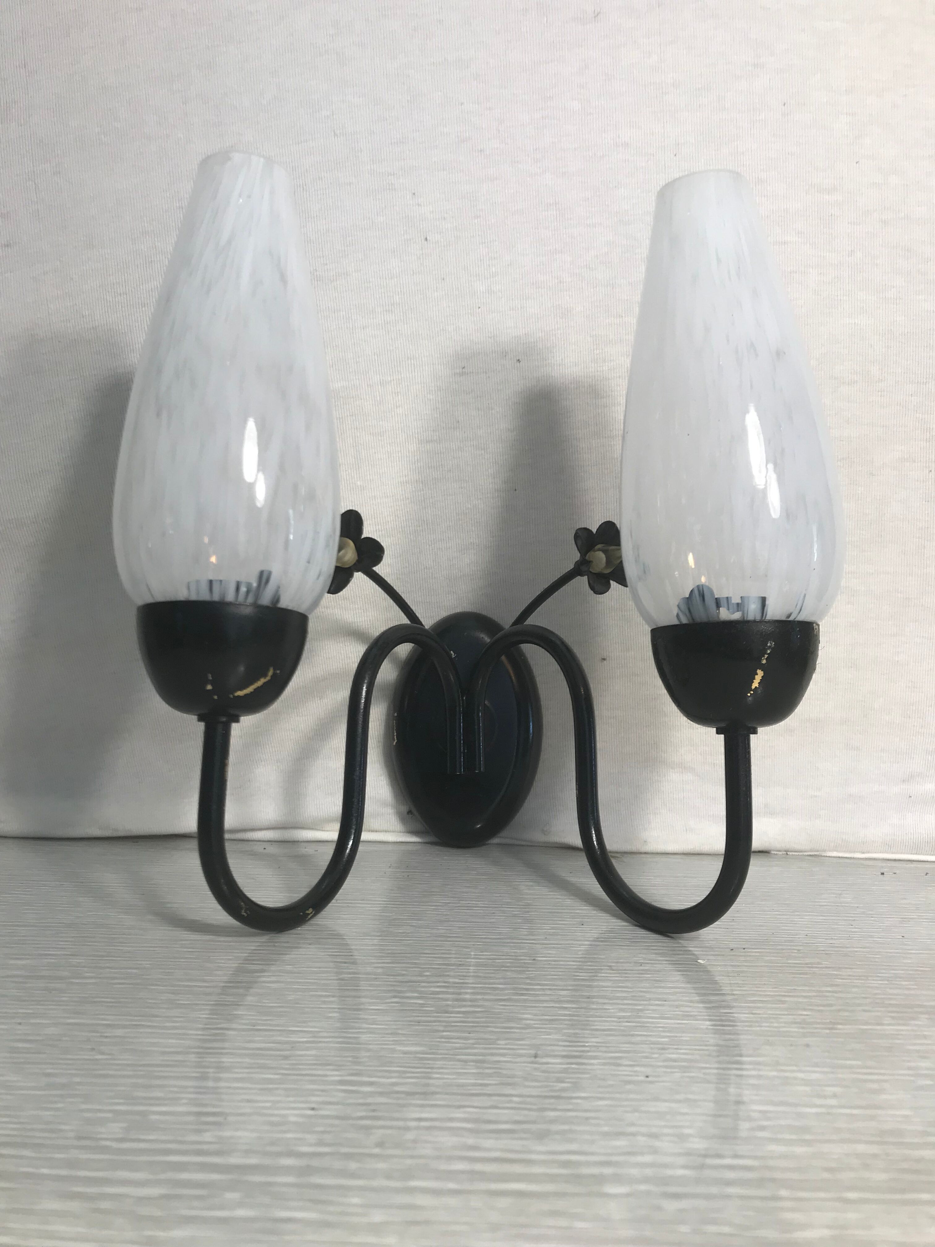 Vintage double metal black wall sconce with flowers and white glass reflectors