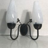 Applique ancienne double métal noir & fleurs avec réflecteurs en verre blanc vintage