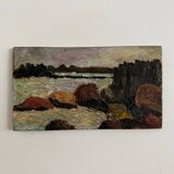Oil on panel seaside rocks by F. Viaus 20th century