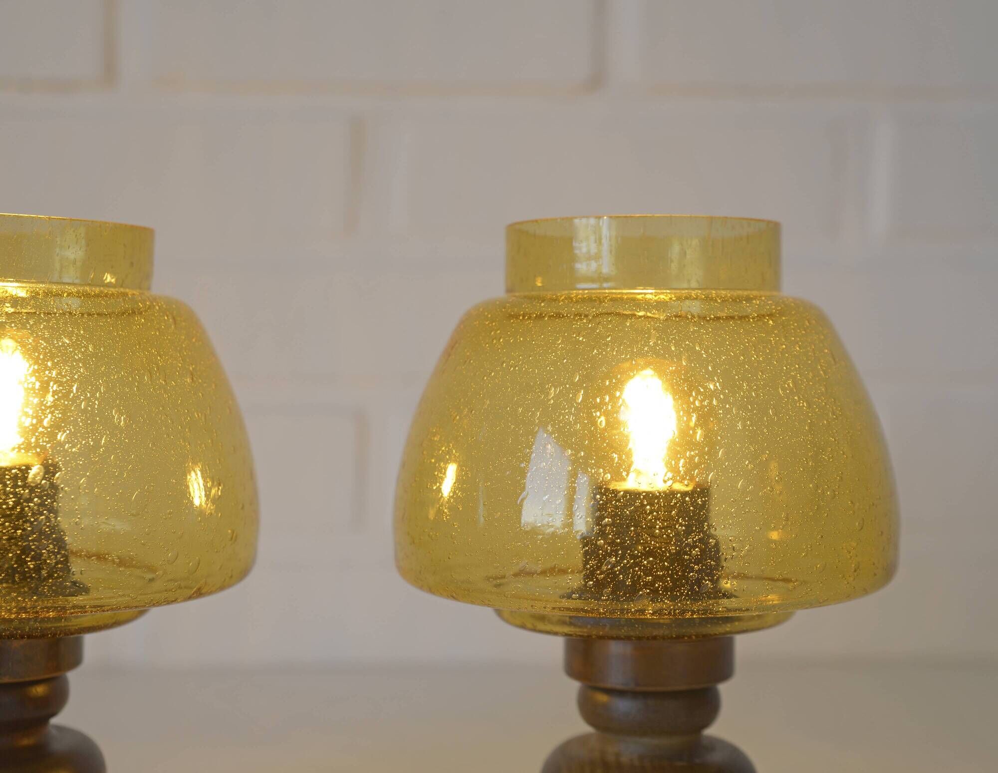 Pair Vintage Amber Glass Bedside Lamps, Copper Wood, Yugoslavia 1980s