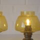 Pair Vintage Amber Glass Bedside Lamps, Copper Wood, Yugoslavia 1980s
