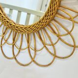 Round mirror flower sun in rattan wicker wood vintage 1960 1970 55 cm folk