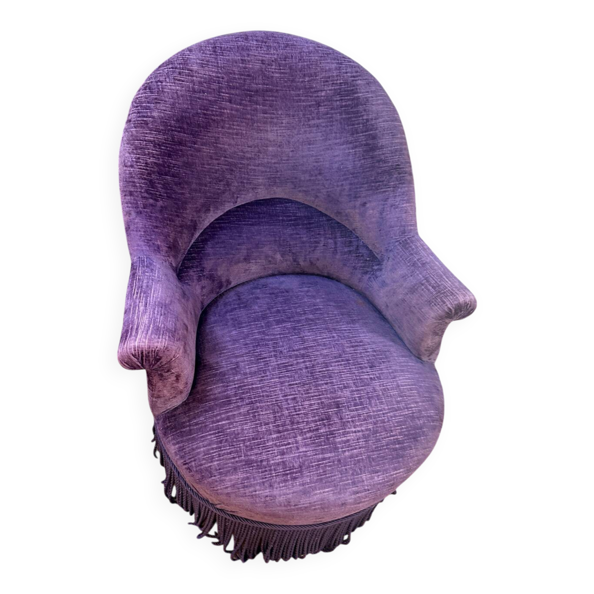 Large armchair, pouffe, purple in velvet.