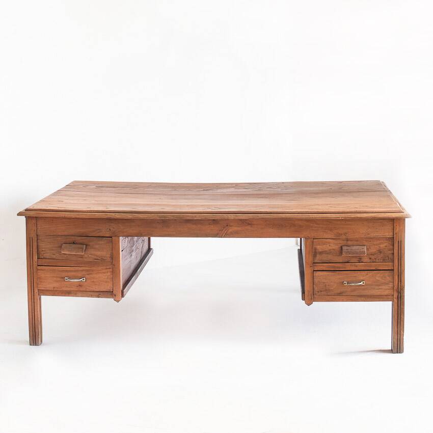 Large vintage two-seater desk. Solid chestnut wood. Restored. France, 1940s