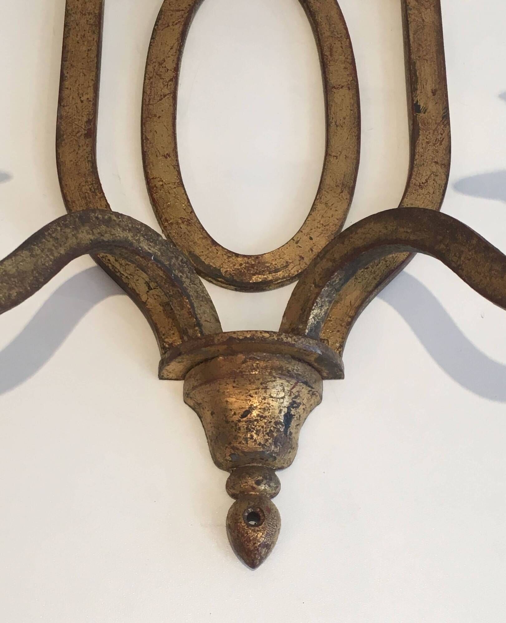 Golden Wrought Iron Wall Light with Oval Shield and Two Arms. French Work.