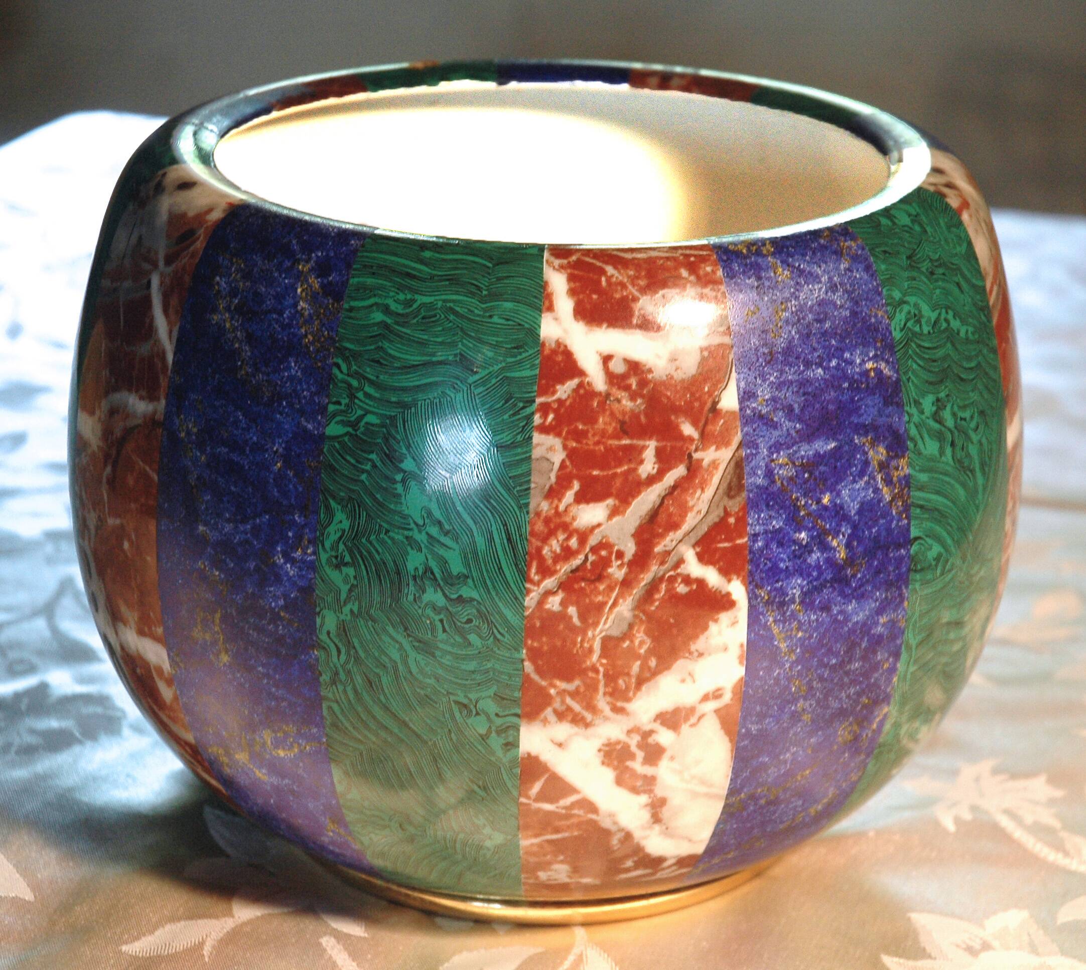 Large decorative pot cover vase Tommaso Barbi, porcelain and brass