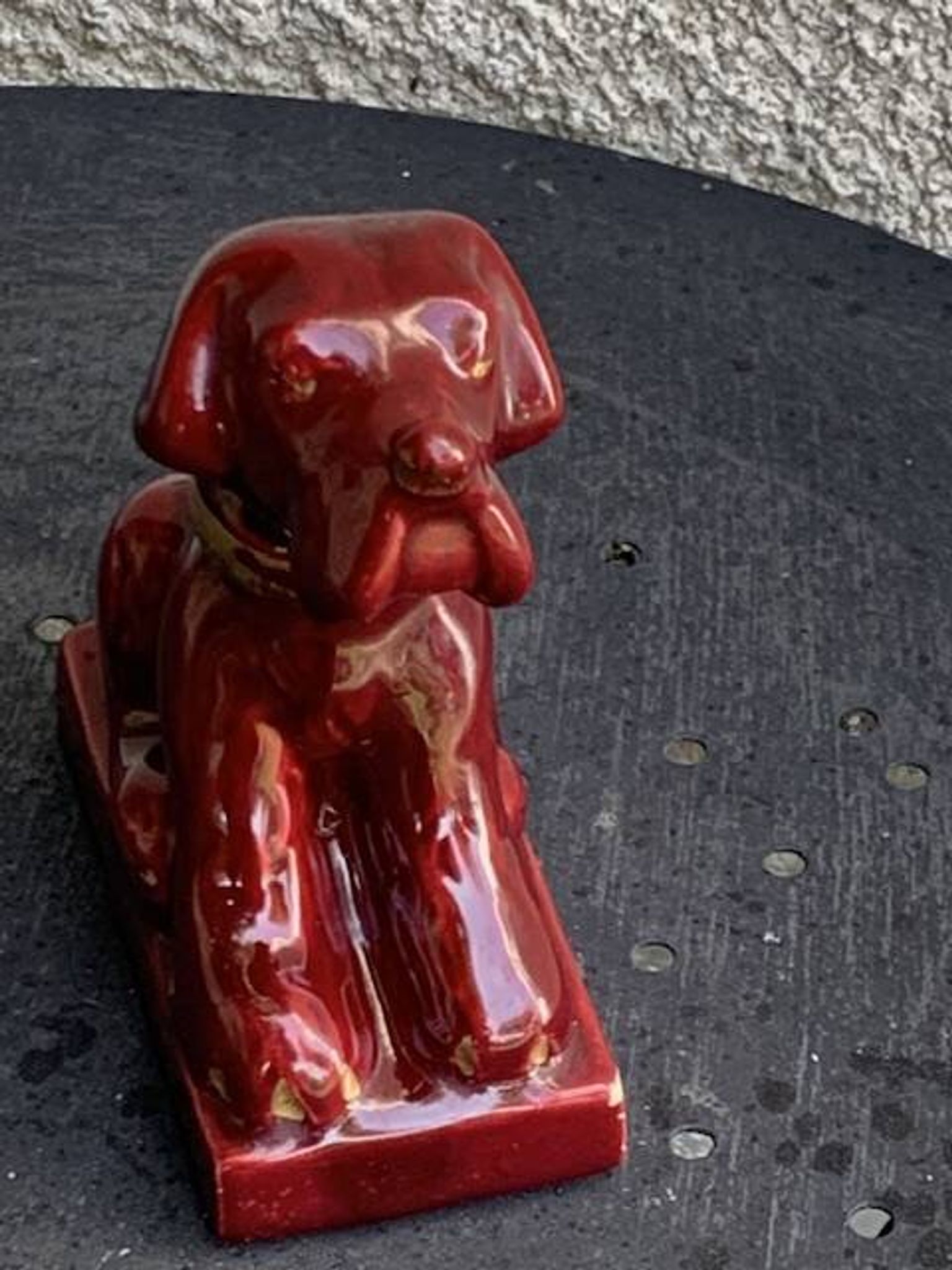 Dog sign CAB in vintage burgundy red enameled ceramic slip, art deco