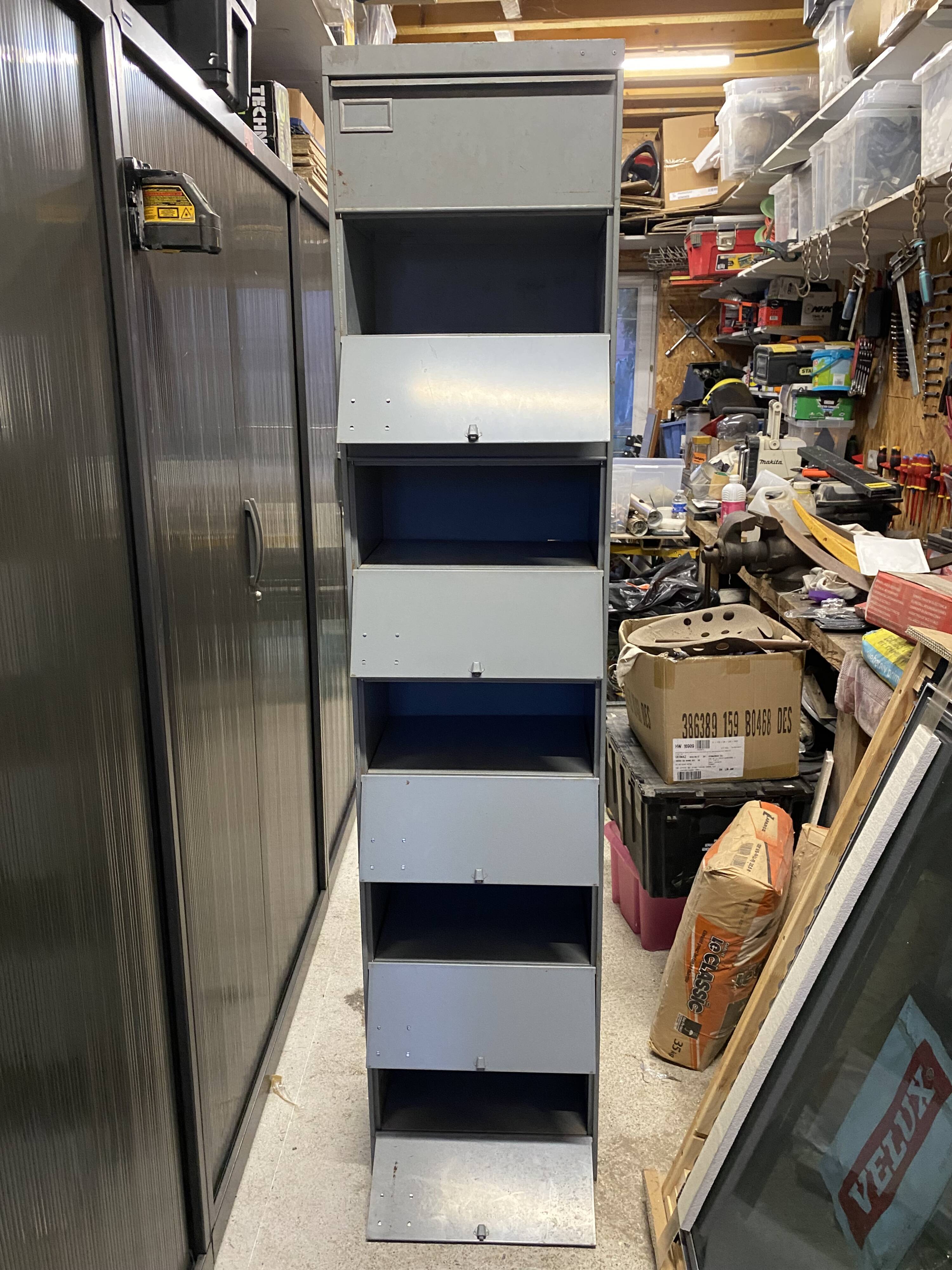 Industrial metal workshop desk storage unit with 10 flaps, 1950s.