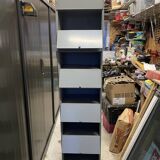 Industrial metal workshop desk storage unit with 10 flaps, 1950s.