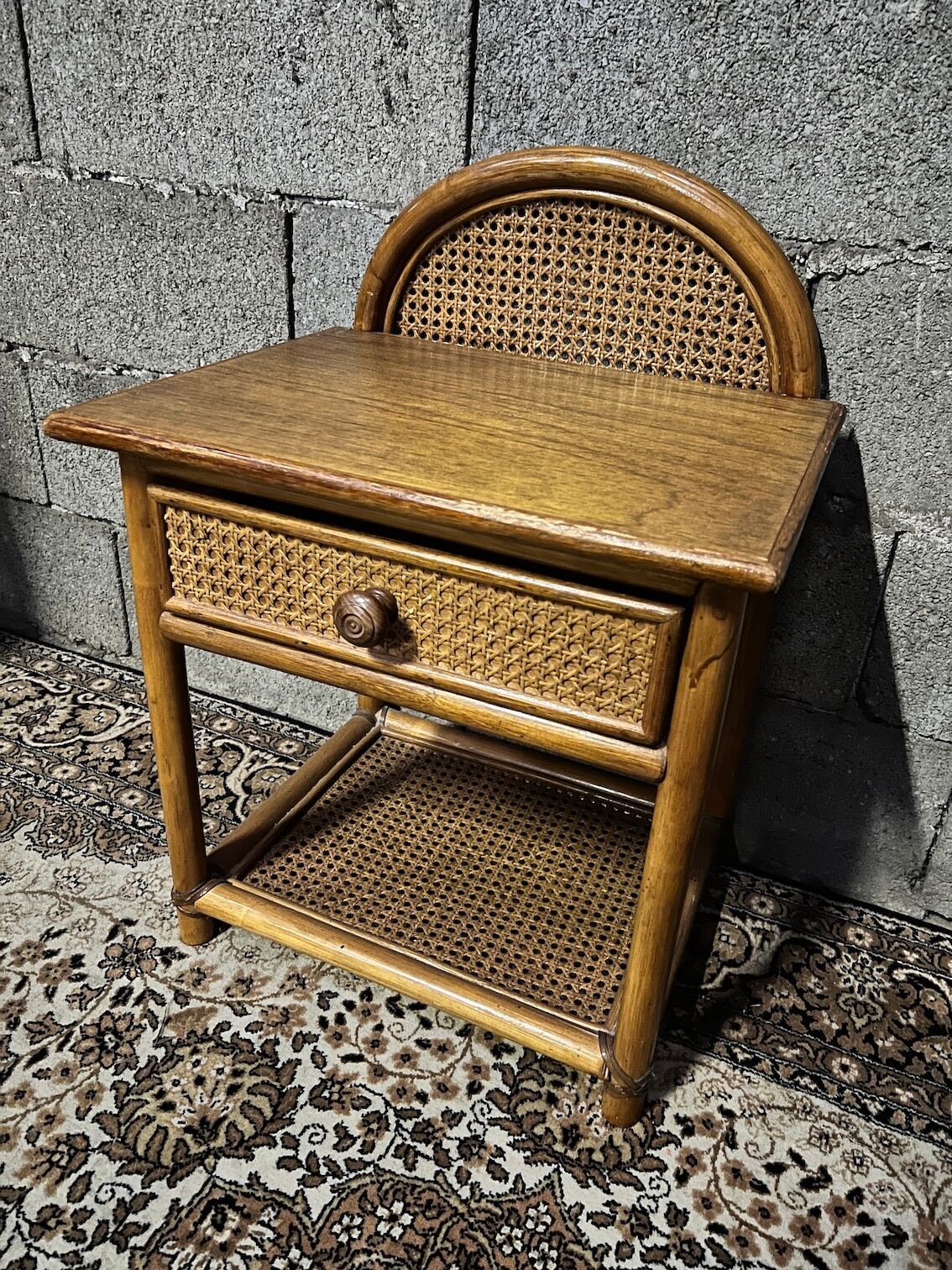 Vintage bedside table in rattan, wood and canning
