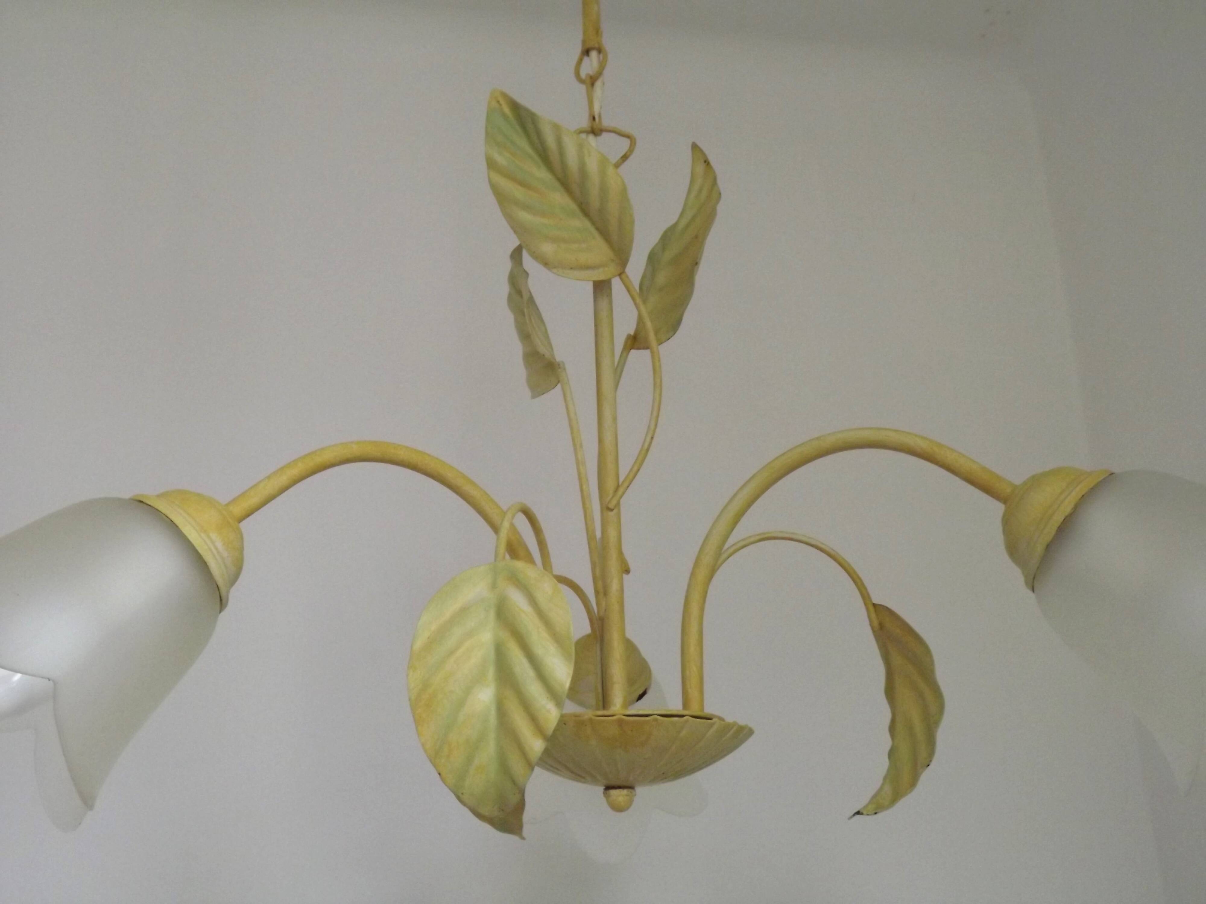 French vintage chandelier with 3 lights in leaf green metal and glass shades 5516