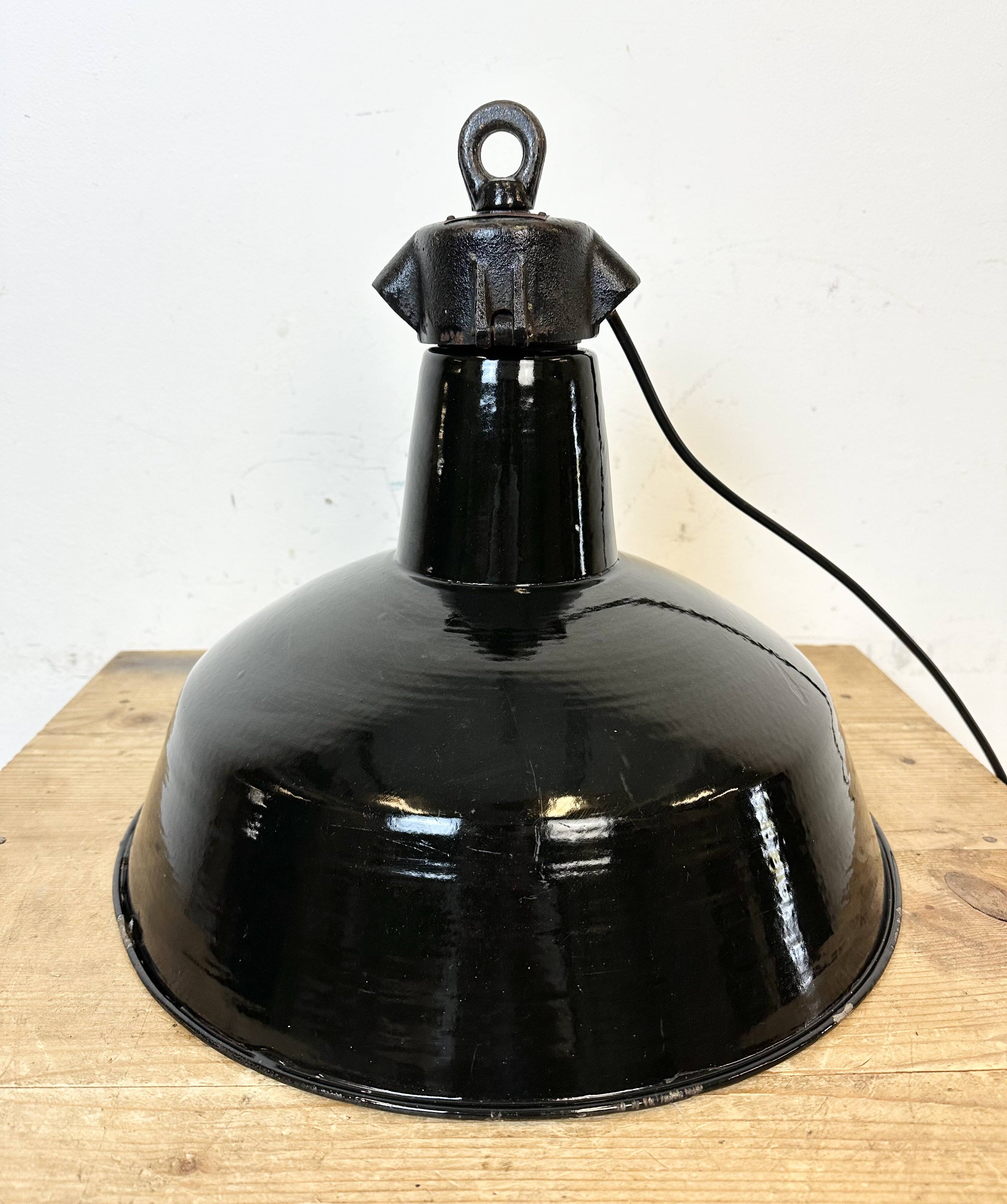 Industrial Black Enamel Factory Lamp with Cast Iron Top, 1950s