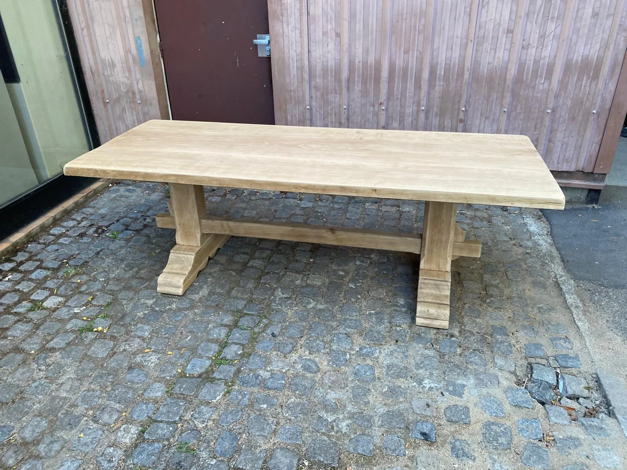 Large stripped monastery table in raw solid oak 225cm 1970
