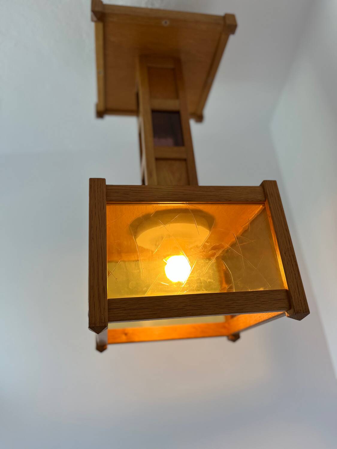 1960s wooden stained glass pendant light