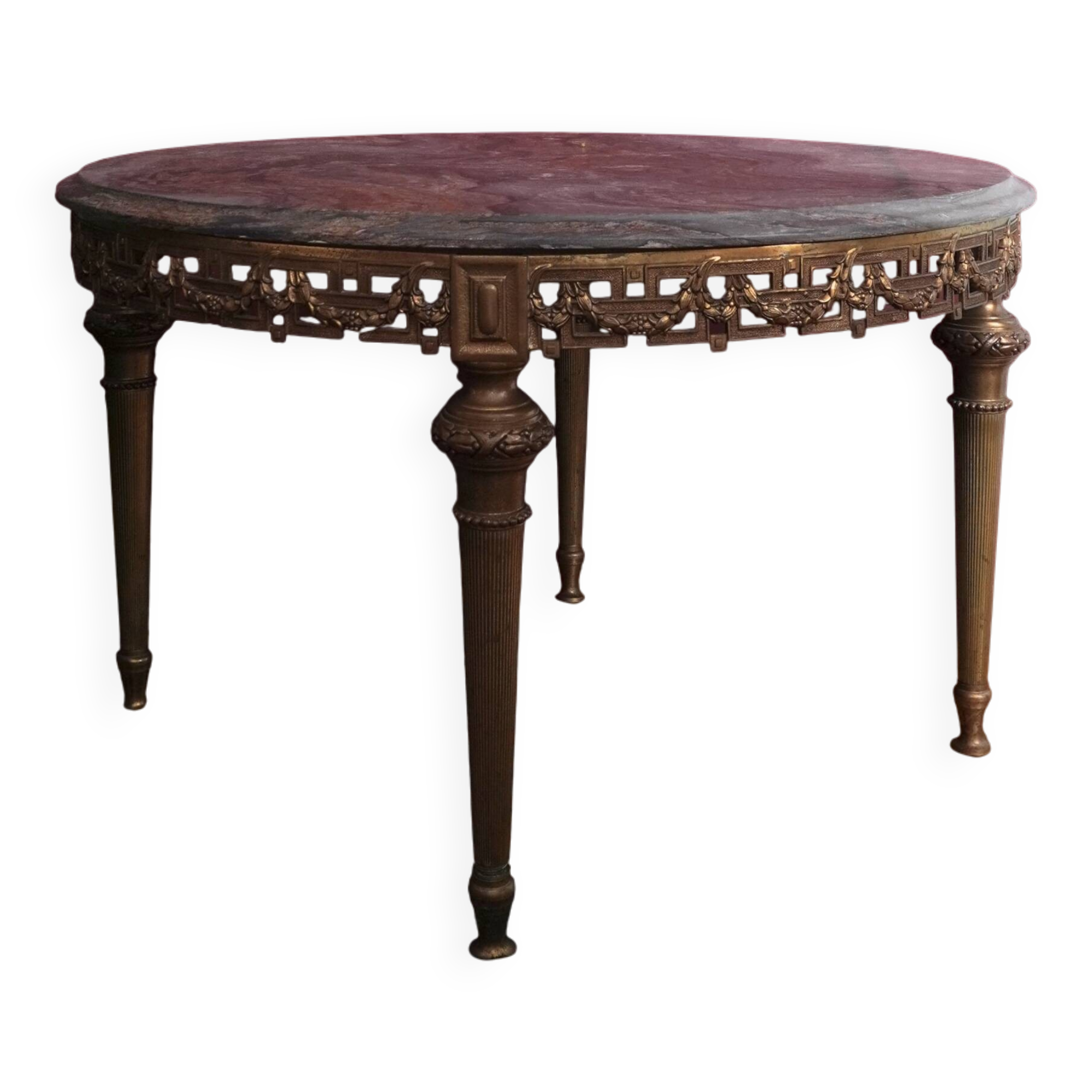 Louis XVI style round coffee table in marble and brass