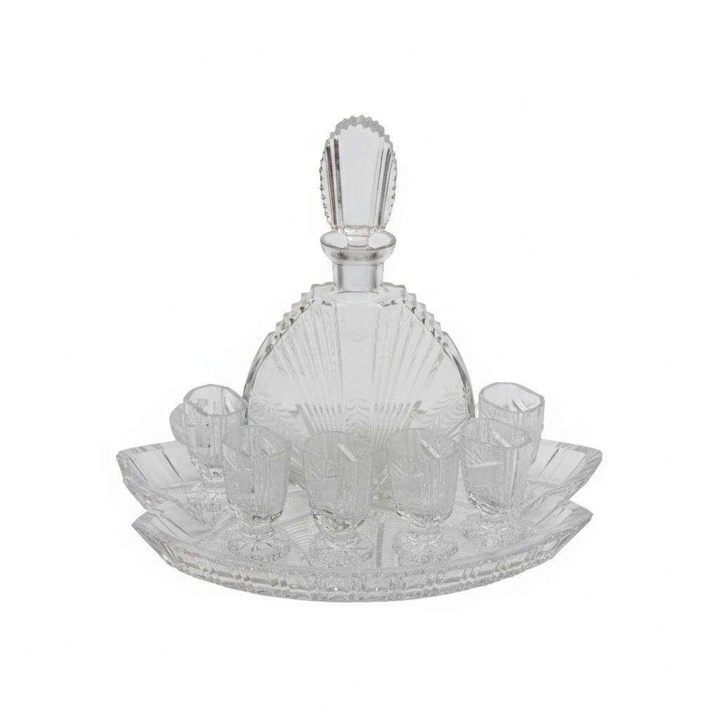 Bavarian liqueur decanter, six glasses and tray