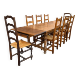 Large farmhouse table made of solid wood.