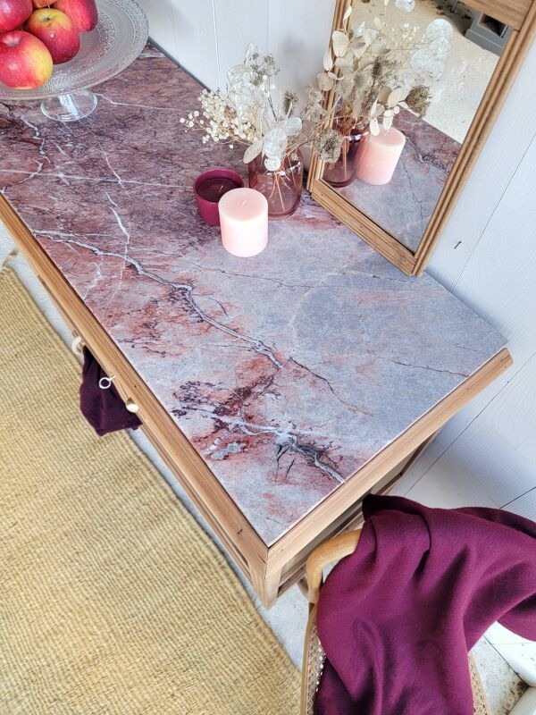 Buffet-console ancien en bois et marbre