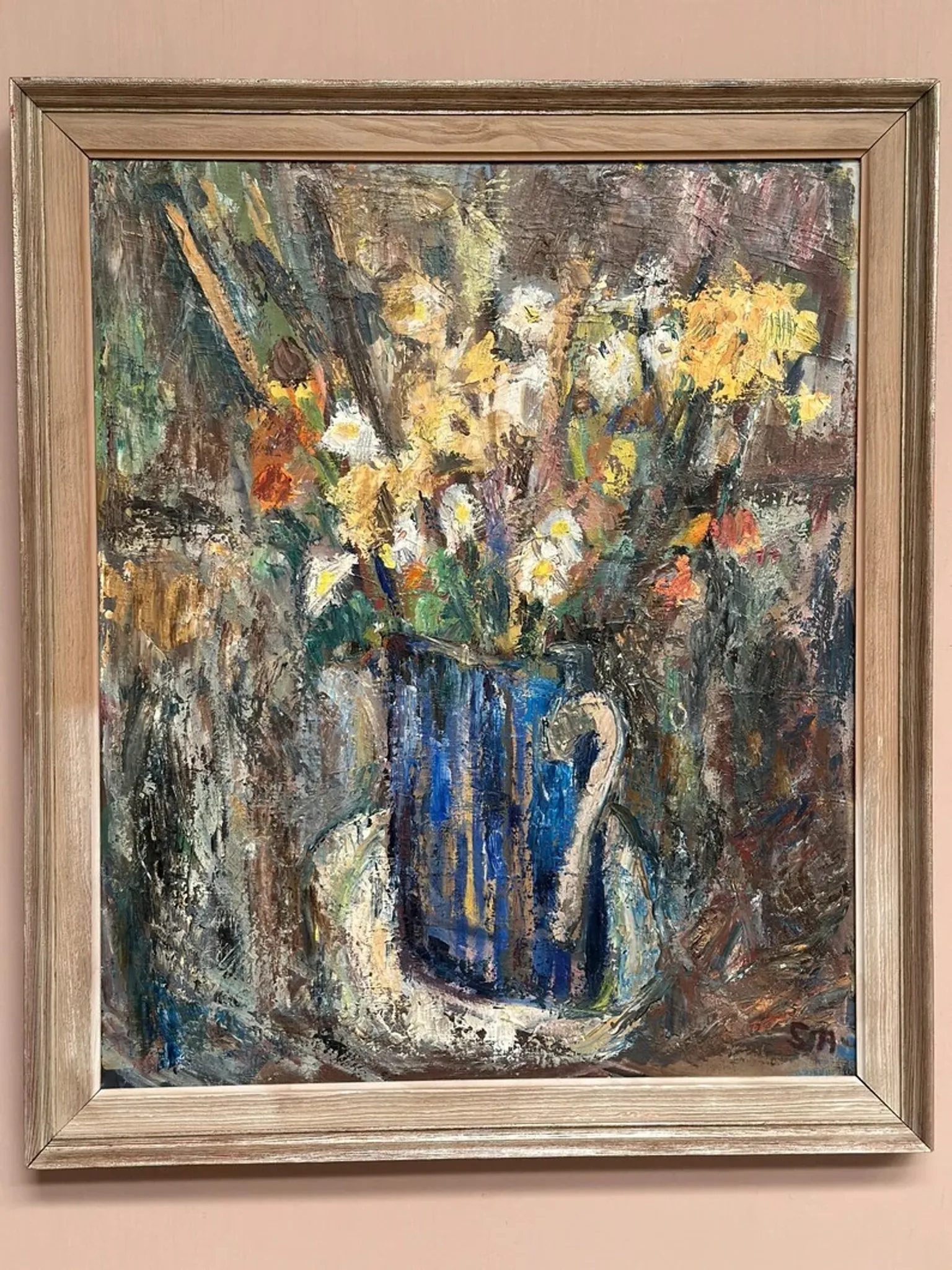 Original Swedish Oil on Panel – “Flowers in Blue Vase” by Sven Age – Signed – Vintage & Framed – 73 × 63 cm (28.7" × 24.8")