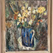 Original Swedish Oil on Panel – “Flowers in Blue Vase” by Sven Age – Signed – Vintage & Framed – 73 × 63 cm (28.7" × 24.8")