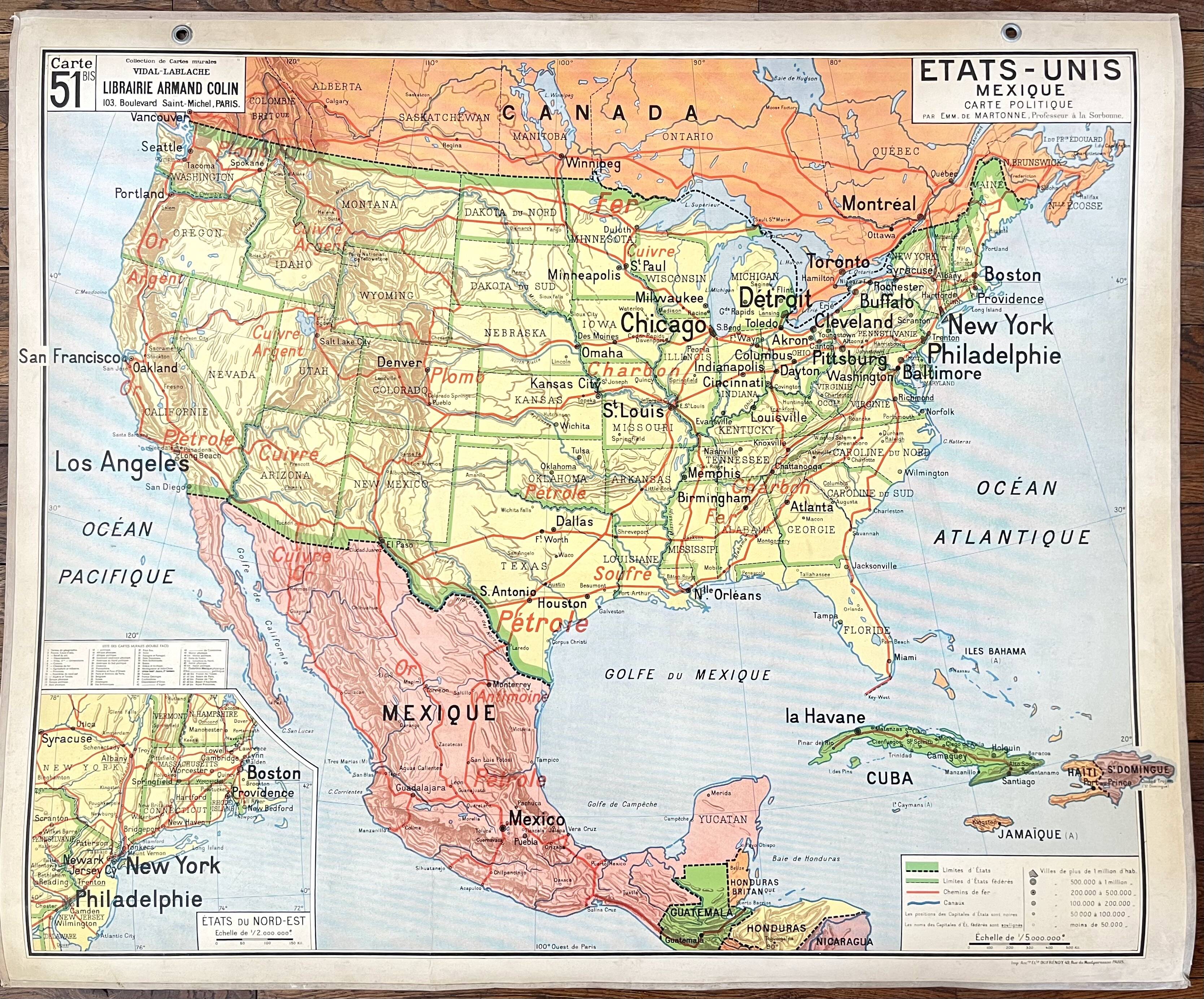 🌍 Old school map Vidal-Lablache 51, 1940 - United States, Mexico