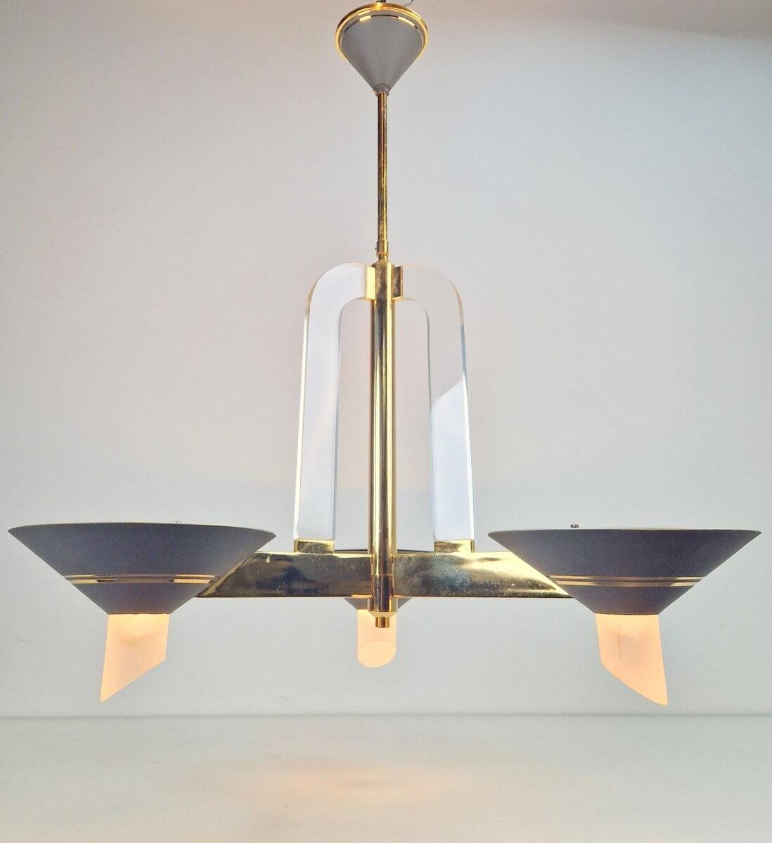 Vintage French Brass Acrylic Chandelier, 1970s