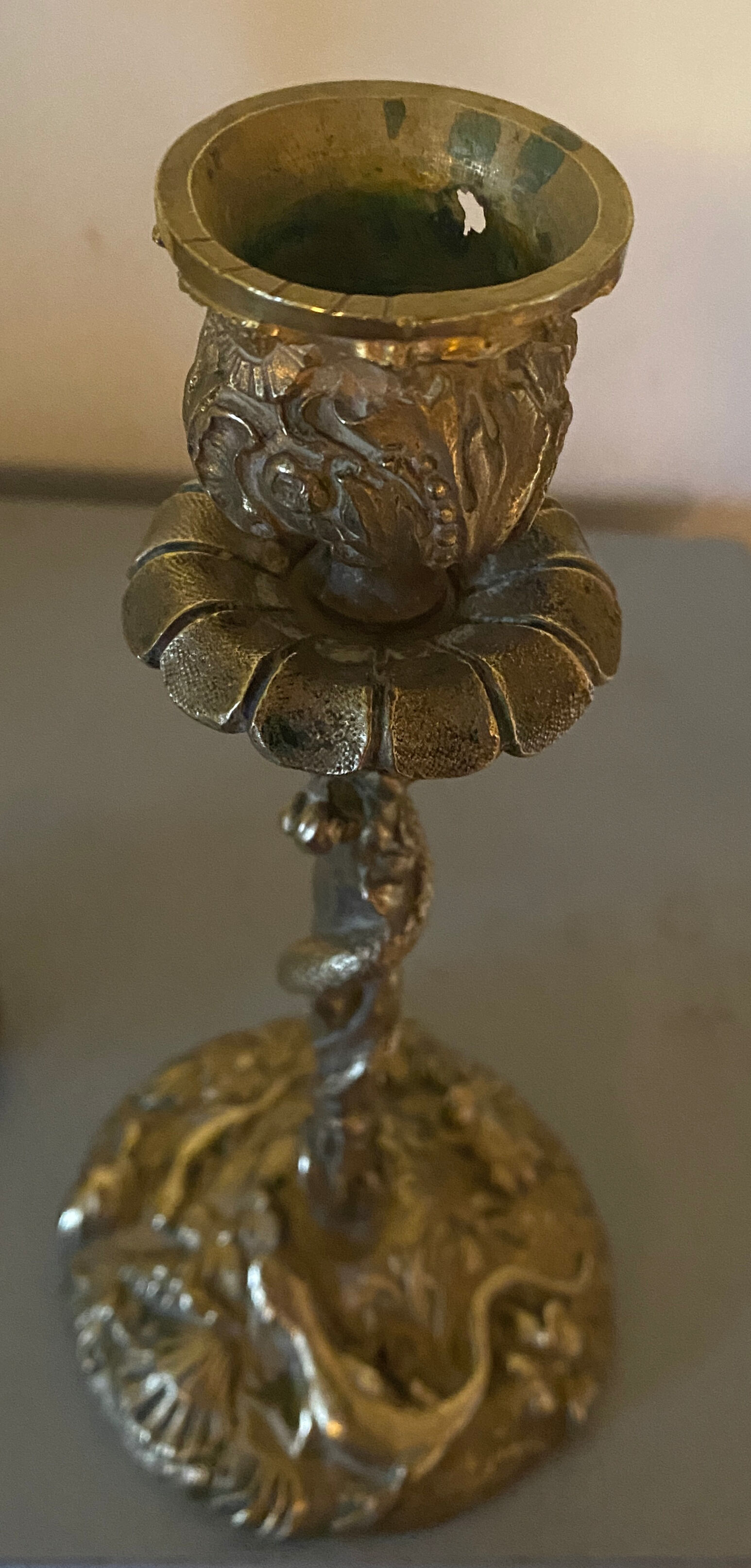 Pair of candlesticks with naturalistic decorations (gothic art nouveau) snake, salamander